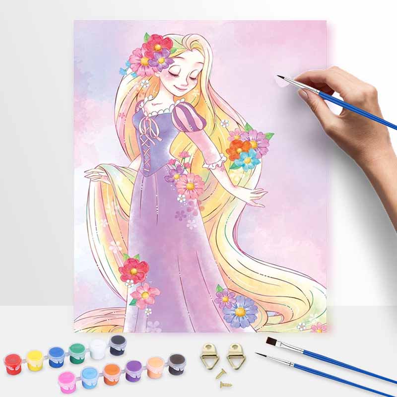 Disney Oil Painting DIY Digital Painting HandPainted Rapunzel with Floral Accents Wall Art for Living Room and Entryway.