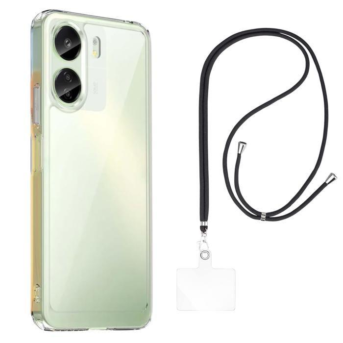 Coque et tour de cou pour Xiaomi REDMI 13C / POCO C65 - TPU Souple Transparent Cordon Noir réglable Phonillico®