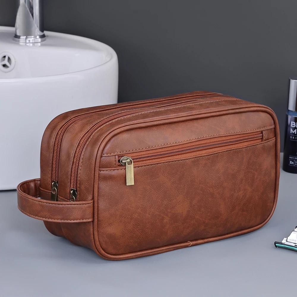 Doppellagige Kulturtasche für Herren PU-Leder Reise Wasch-Organizer Dopp-Kit Wasserabweisend Rasier Kosmetik Tasche Aufbewahrung