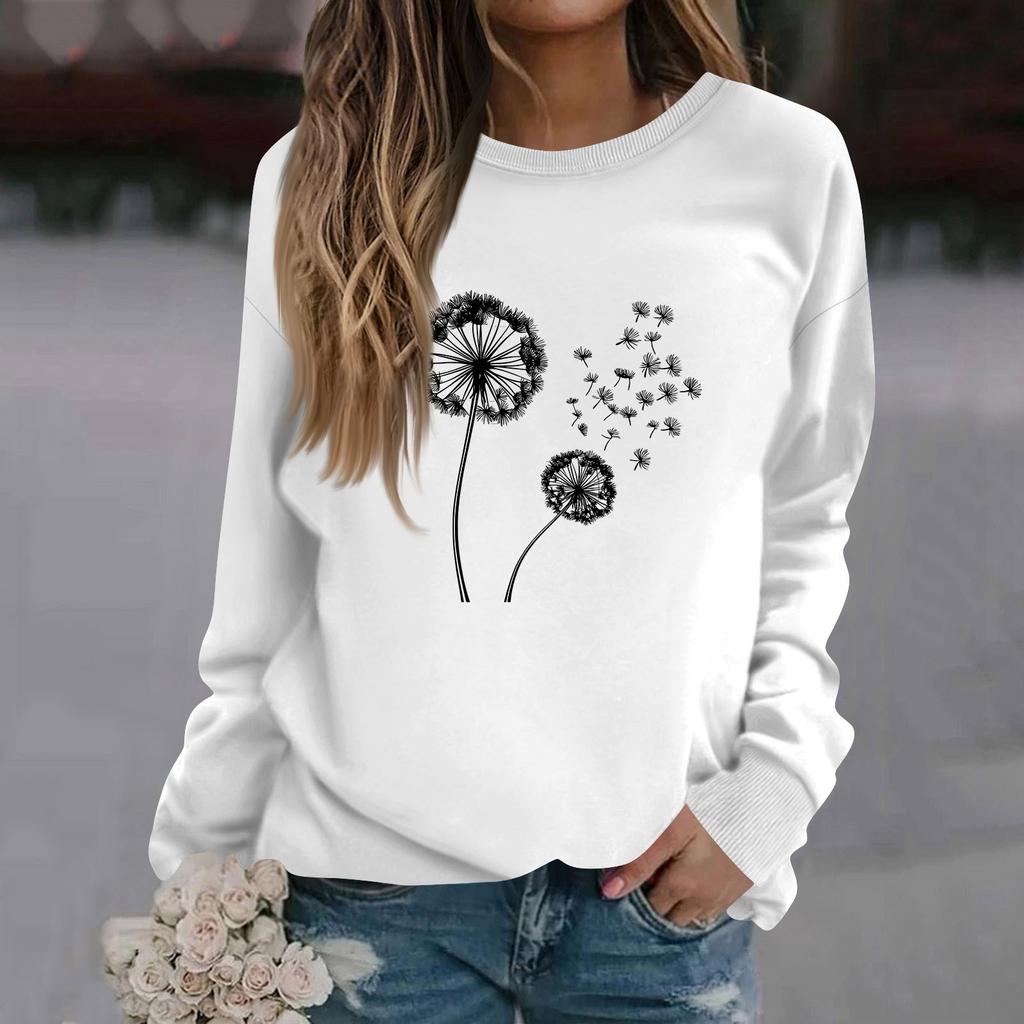 Women's Fashion Casual Long Sleeve Solid Color Printed Round Neck Top Sweatshirt