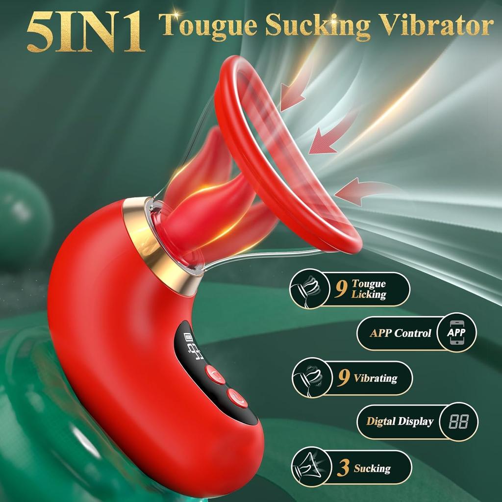 Vibrator Adult Sex Toys for Women - 5IN1 Sucking Vibrator Rose Sex Toy, 3 Sucking, 9 Tongue Licking & Vibrating Adult Toys, LCD Display