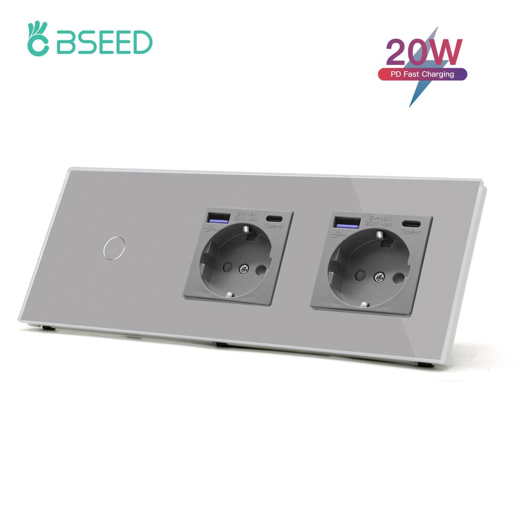 BSEED 1/2/3pólový dotykový vypínač světla 1pólový senzorový vypínač se zásuvkou EU USB Type-C 20W rychlé nabíjení Modré podsvícení Skleněný panel