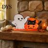 Hand Painted Holiday Tabletop Statues Halloween Wooden Ghost And Pumpkin Black Cat Ornaments, Retro Creative Home Ornaments Cartoon Centerpiece