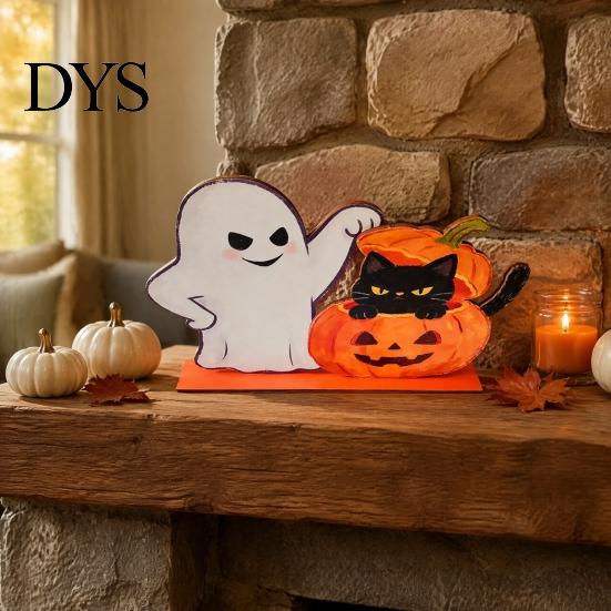 Hand Painted Holiday Tabletop Statues Halloween Wooden Ghost And Pumpkin Black Cat Ornaments, Retro Creative Home Ornaments Cartoon Centerpiece