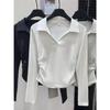 Retro Polo Lapel Long-sleeved T-shirt for Women Early Autumn New Design V-neck Slim Pleated Waist Bottoming Top