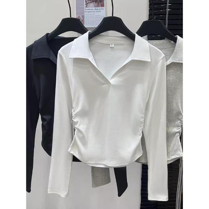 Retro Polo Lapel Long-sleeved T-shirt for Women Early Autumn New Design V-neck Slim Pleated Waist Bottoming Top