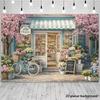 2D Florist Shop Backdrop, Blue Bicycle and Cherry Blossoms Party Photo Booth Banner