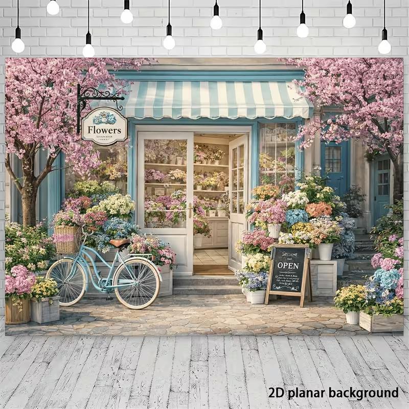 2D Florist Shop Backdrop, Blue Bicycle and Cherry Blossoms Party Photo Booth Banner