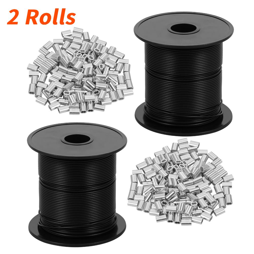 

2Rolls Black Vinyl Coated Wire Rope 328FT Safe Cuttable Cable with 300pcs Crimping Loop Sleeves for String Light Indoor Outdoor