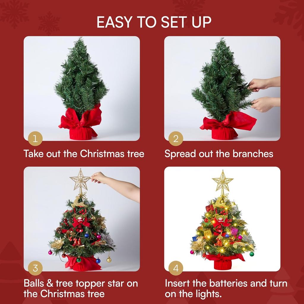 JOIEDOMI 24"/2FT Pre-lit Tree with Artificial Christmas Tabletop Tree Includes Star Topper Ornaments for Indoor Xmas Decor