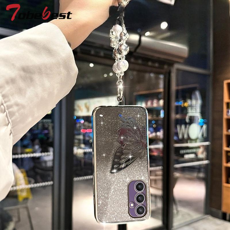 Laser Butterfly Glitter Plating Bracelet Case For Samsung Galaxy A17 A07 A16 A26 A36 A56 A06 A15 A25 A35 A55 A14 A24 A34 A54 5G