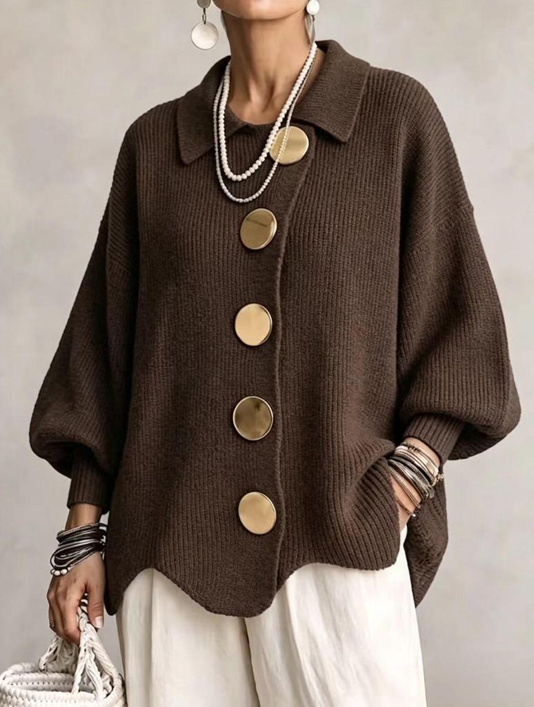 2026 European & American Retro Lapel Button Knit Cardigan - Women's Autumn/Winter Loose Coat