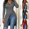 Women's Solid Color Long Sleeve Zip V Neck High Slit Long Ribbed Shirt