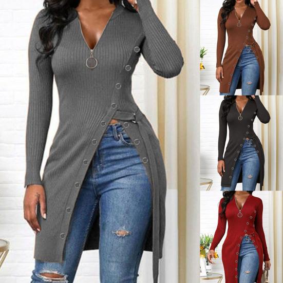 Women's Solid Color Long Sleeve Zip V Neck High Slit Long Ribbed Shirt