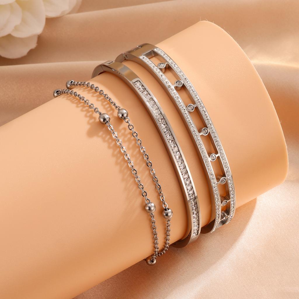 Htpwe Stainless Steel Glossy Zirconium Round Bead Combination Bracelet Set Women Plated 18k Couple Holiday Gift Bracelet Zircon