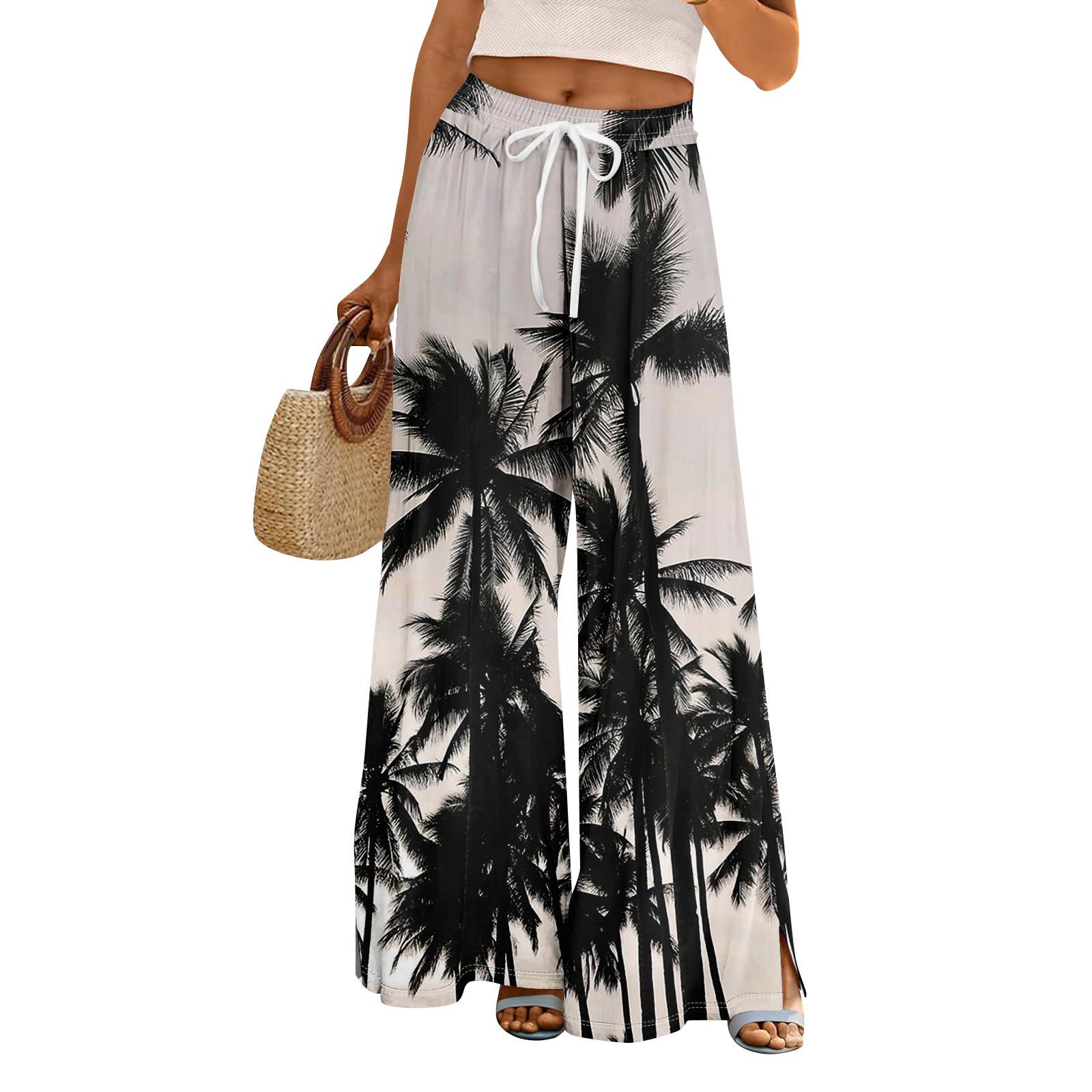 

Women Summer Boho Palazzo Pants High Waist Wide Leg Rinting Casual Trousers With Pockets L чорний