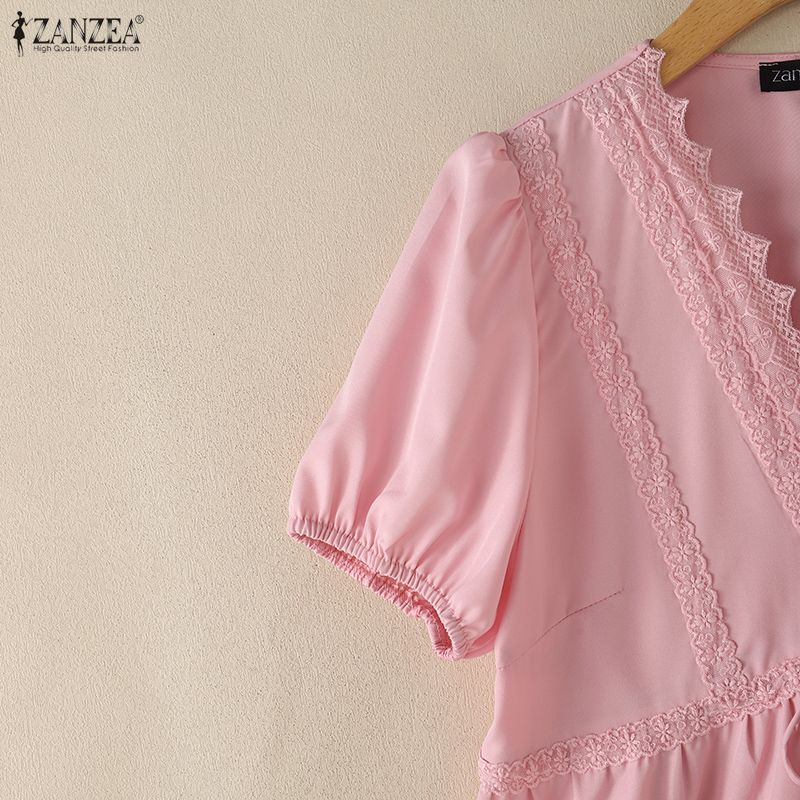 ZANZEA Women Elegant Lace Splice V-Neck Casual Short Sleeve Blouse