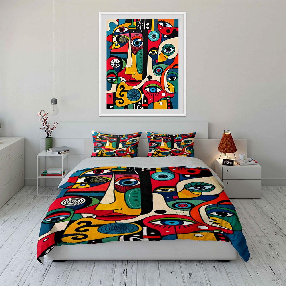 Abstract colorful faces with eyes Bedding Set for Kids Luxury Gift 3pcs Digital Print Comforter Set Soft Comfortable Breathable