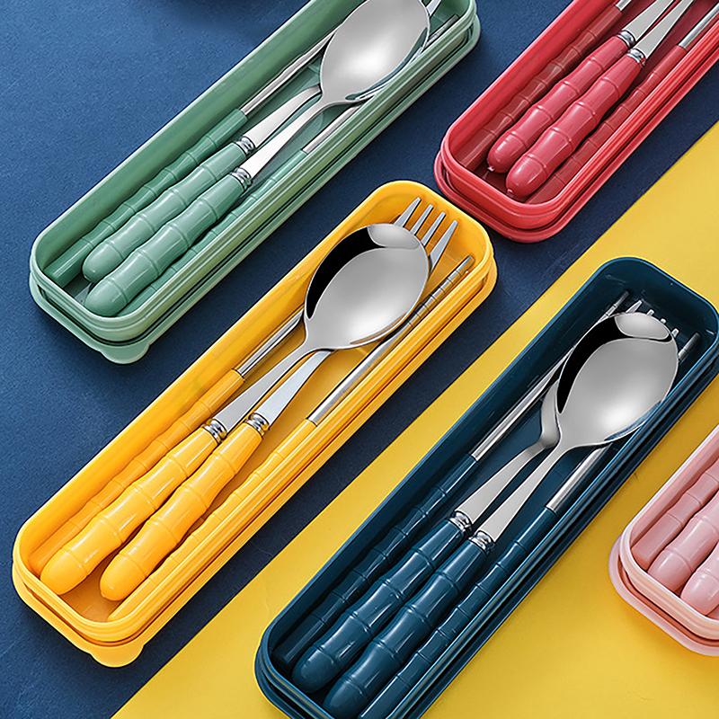 New 3Pcs Chopsticks Spoons Forks Sets Of Stainless Steel Portable Tableware Reusable Travel Picnic Cutlery With Box