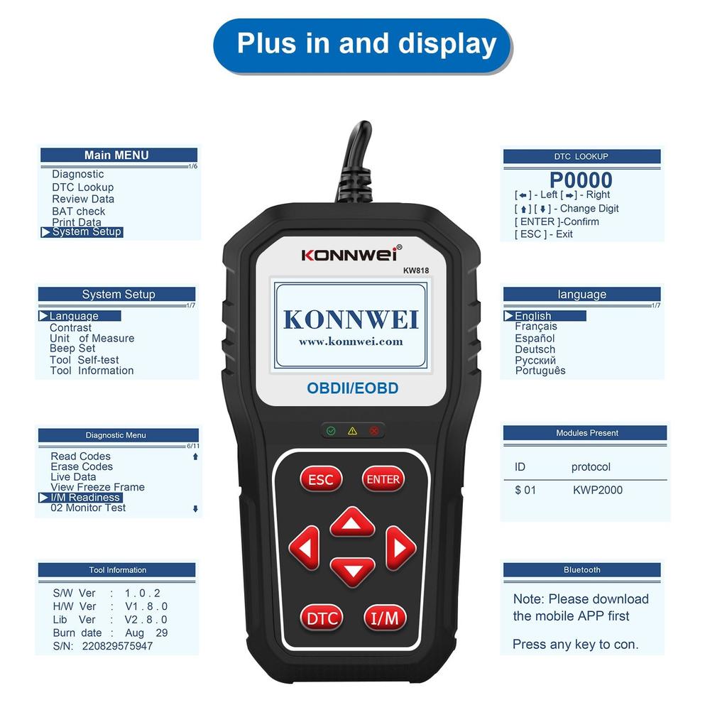 KONNWEI KW818 Bildiagnoseverktøy OBD2 Støtte CAN J1850 Motorfeilkode Les 12V Batteritester Forbedret OBD2 Auto Skanner