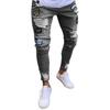 Mid-rise Button Zipper Fly Pockets Embroidery Cartoon Letter Print Men Jeans Distressed Ripped Holes Slim Fit Denim Pants