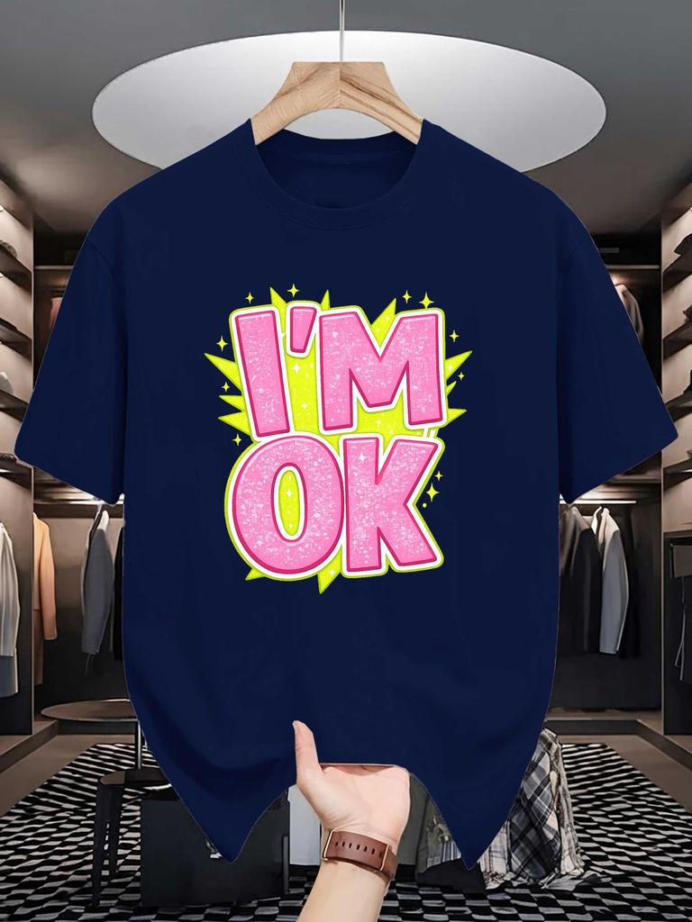 Unisex Cotton Tee I M Ok Letter Graffiti Text Graphic Print Loose Breathable Summer Crew Neck Casual Street T Shirt Unisex Daily Wear