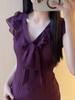 Paarse Ruche V-hals Chiffon Blouse - Zomer 2025 Licht Luxe Slankmakende Top met Korte Mouwen voor Dames