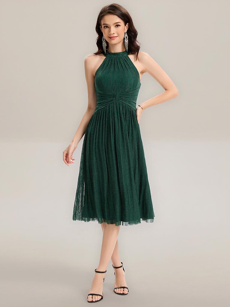 Ever-Pretty Women's Glitter Halter Cocktail Dresses Sleeveless Pletaed A-Line Midi Evening Dresses