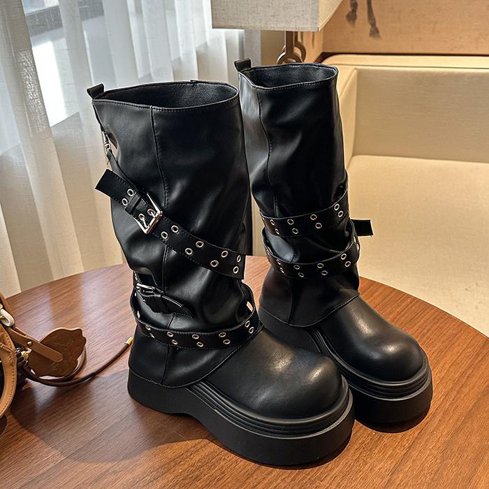 Hottie Platform Thick Heel Women Knight Boots Fashion Belt Buckle Shoes Female Punk Rivet Mid Calf Booties De Muje