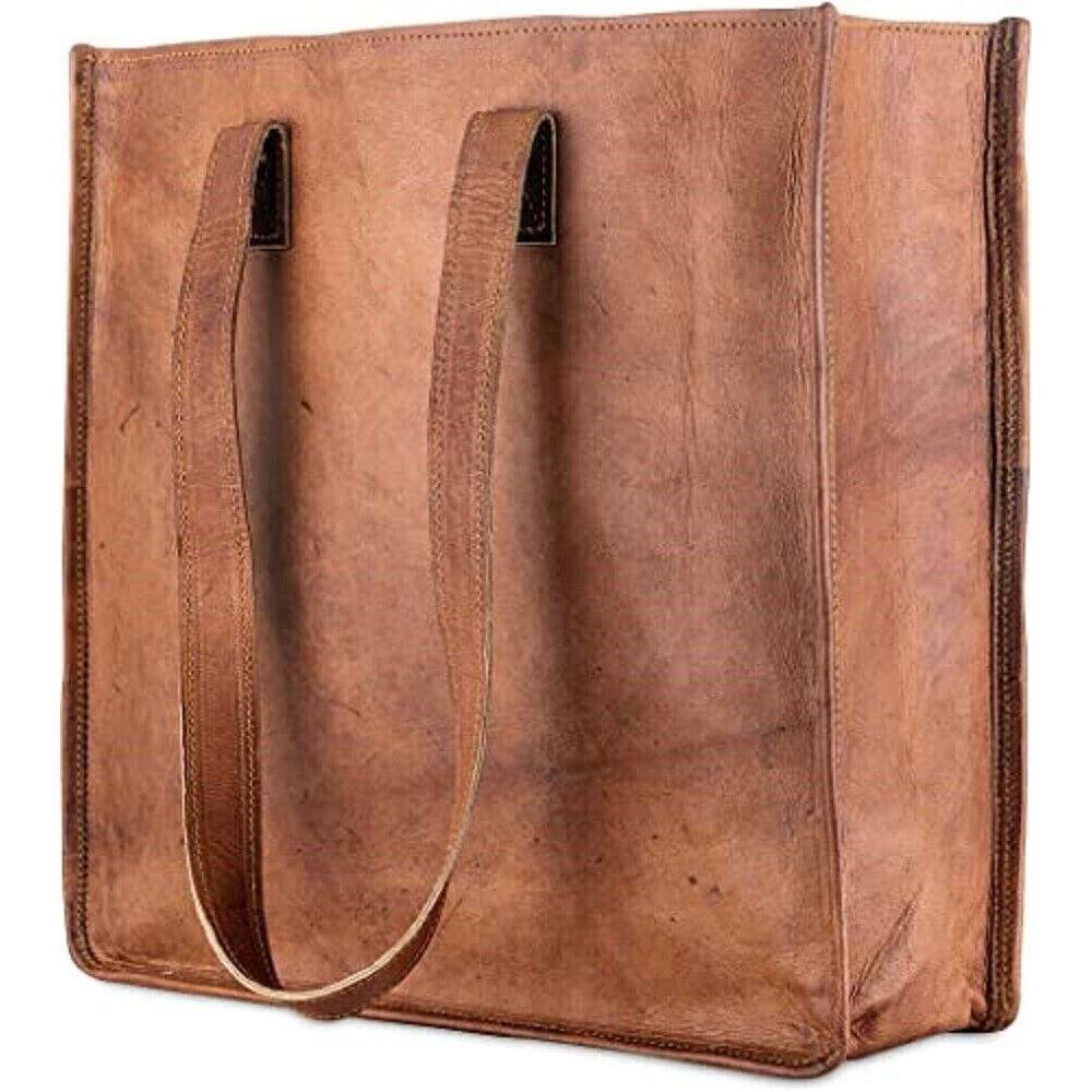 14X14 Inch Large Real Goat Leather Shoulder Bag Tote Shopping Brown Women's