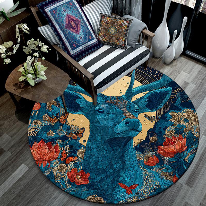 Deer Round Area Rug,Carpet Rug for Living Room Bedroom Sofa Playroom Decor,Non-slip Floor Mat