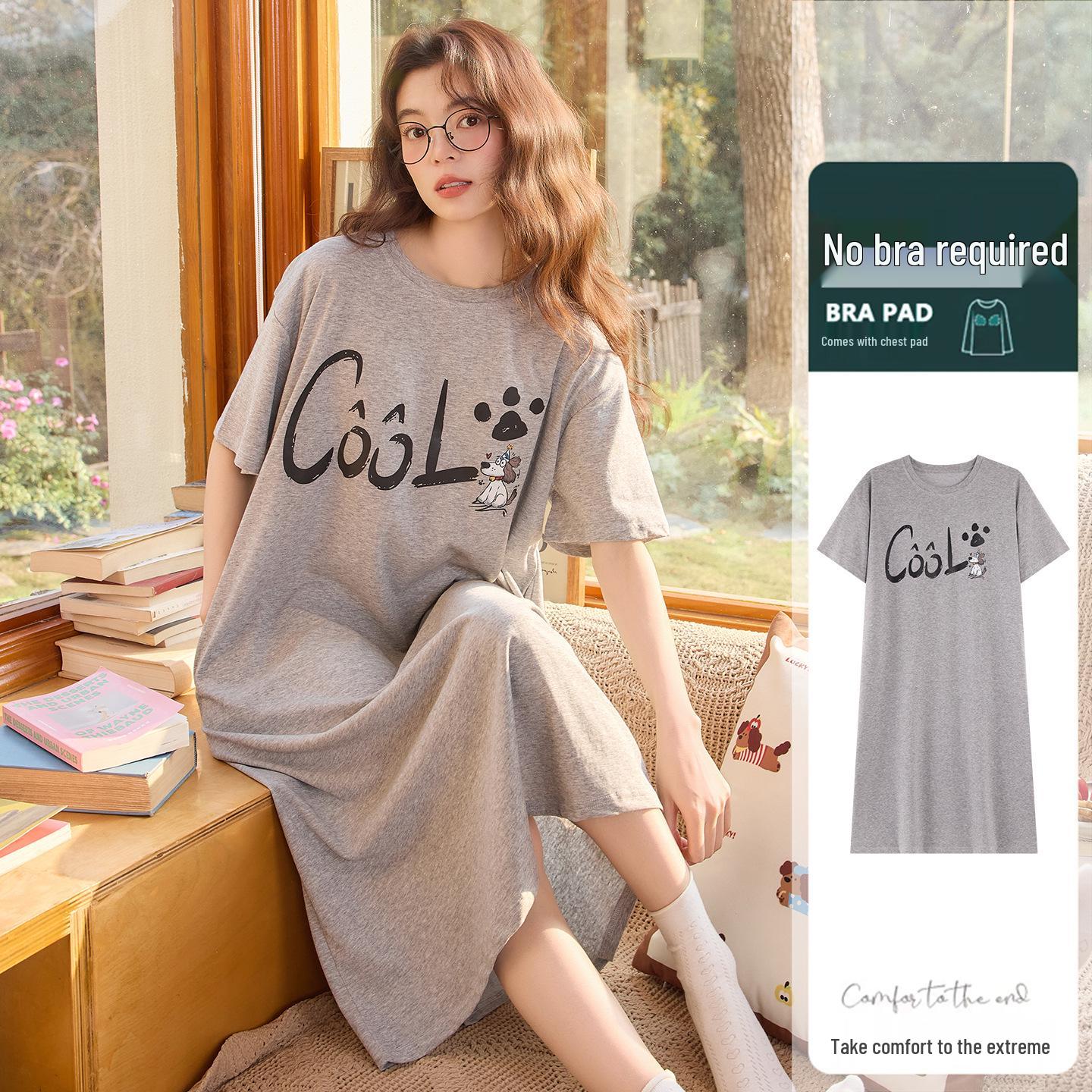 

Women s Summer Snowflake Cotton Nightgown: Short Sleeve, Round Neck, Casual Wearable Outside, Sweet Style with Padded Bra 2XL