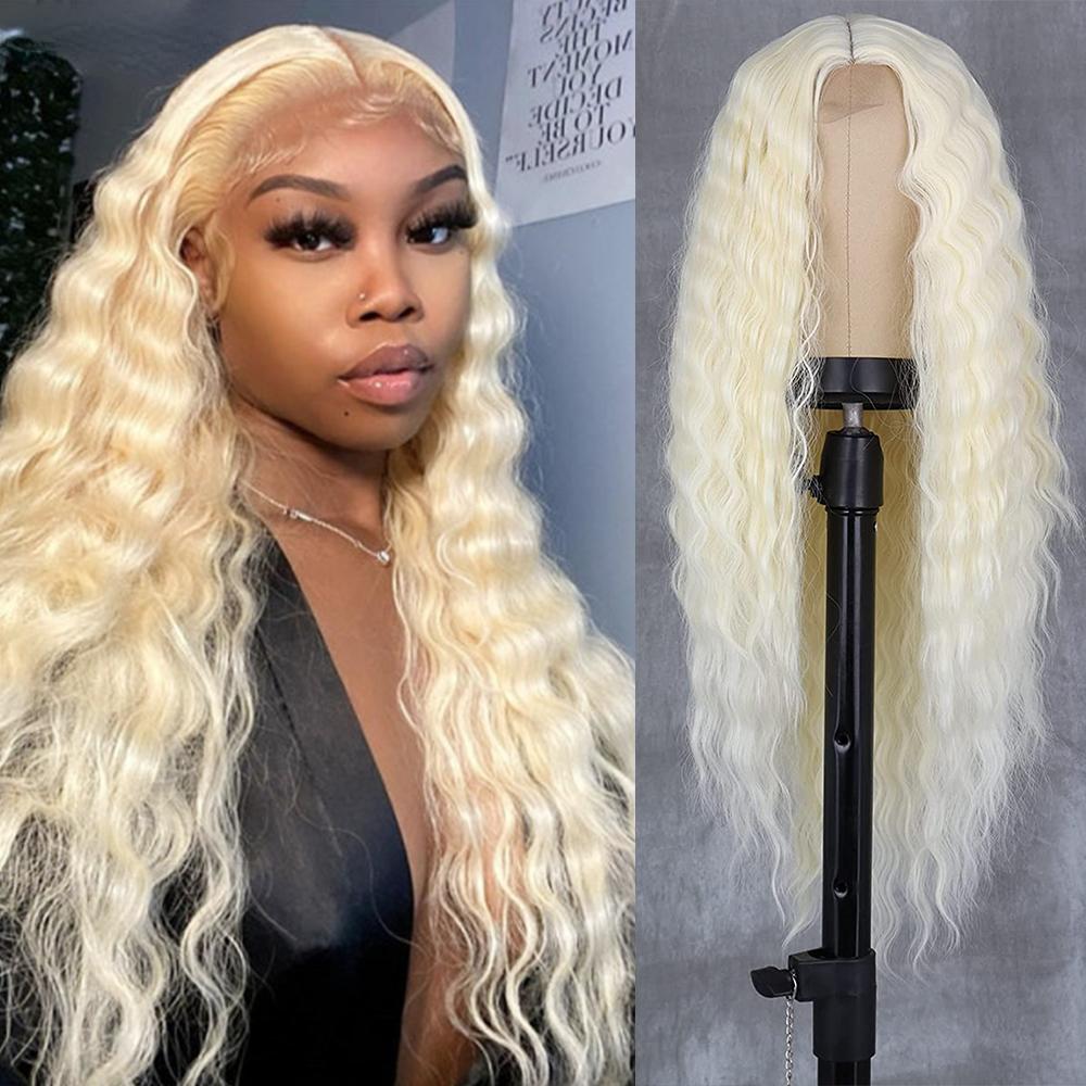 

MERISIHAIR Длинный парик с глубокими волнами, синтетические волосы, глубокие вьющиеся волосы, искусственная кожа головы, средняя часть парика, натуральный черный блондин для женщин