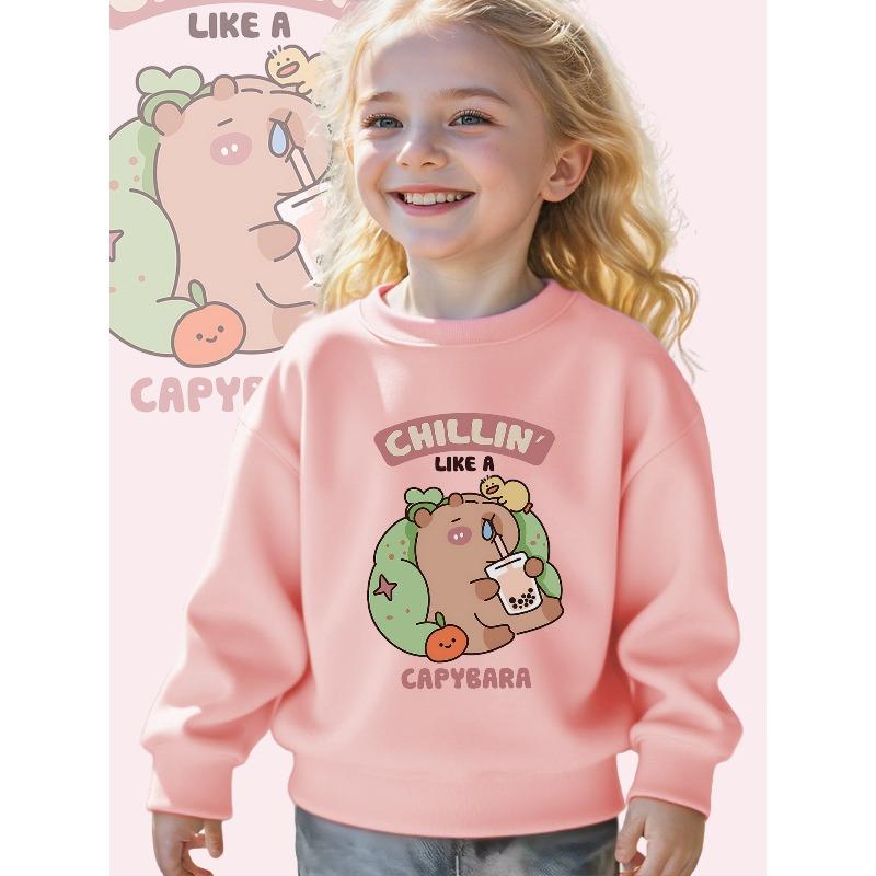 European sizes Kids' "Chillin' Like a Capybara: A Cute Kawaii Illustration" Print Long Sleeve Crewneck Sweatshirt - Soft Casual Pullover Top