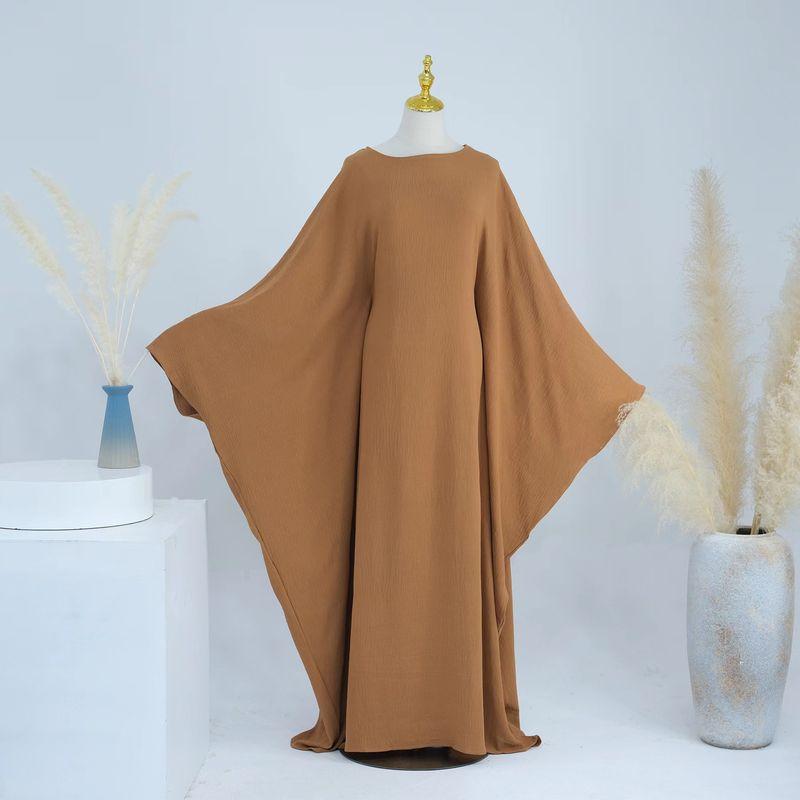 

New Arrival Middle East Pure Color round Neck Waist Trimming Bat Sleeve Dress Solid Color Bat Sleeve Dress Khaki 1 yard