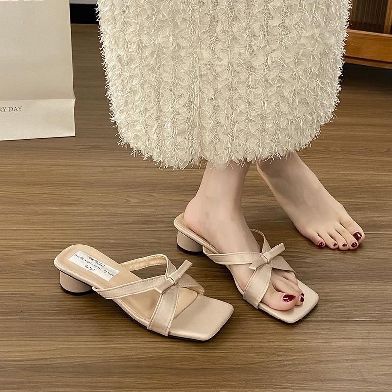 2025 New Fairy Style Bow-tied Cool Slippers, Summer with Skirt Square Head Thick Heel Silver Cool Slippers