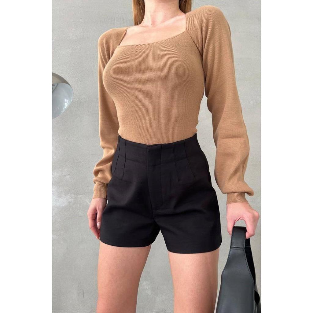 Women's Knitwear Fabric Square Collar Long Sleeve Orange Basic Knitwear Blouse 0217