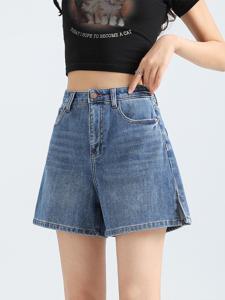 Four-Way Stretch A-Line Denim Shorts - Super Soft, High Quality, Summer Side Slit, Three-Quarter Length Pants