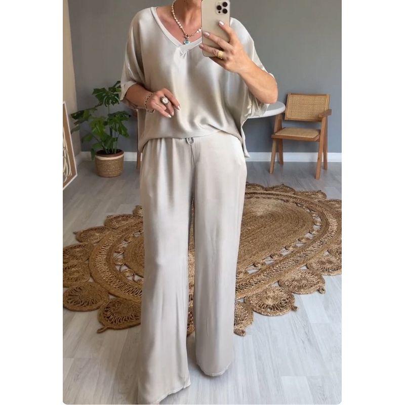 

Solid Color V-neck Top and Pants Set Solid Color and V-neck Tops Casual Pants Suit Silver White 4XL