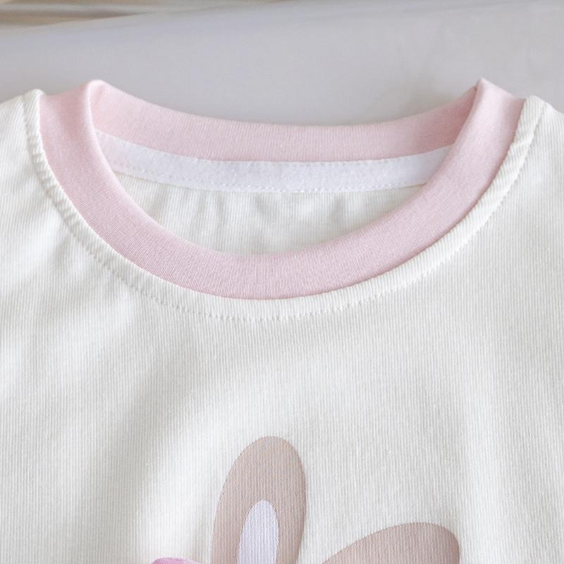 Summer Girls' Cotton T-shirt Cartoon Rabbit Printed Round Neck Flying Sleeve Vest Top Baby Girls Sweet Bow Loose T-shirts
