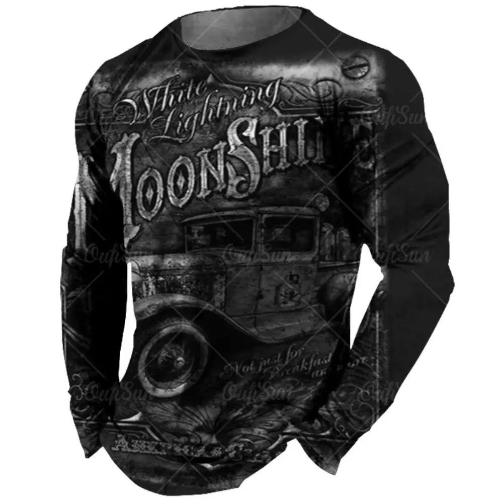 Fashionable Retro 3D Motorcycle Printed Pattern Men's Round Neck Long Sleeved T-shirt