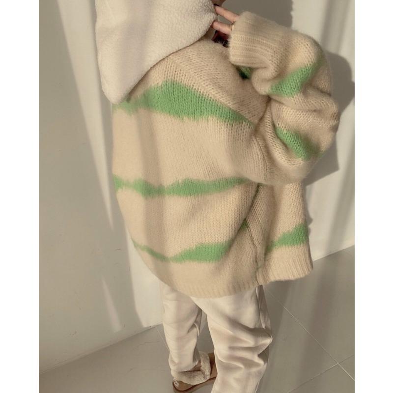 V-neck Fashion Knitted Striped Cardigan Sweater Autumn Women Office Loose Jackets Winter Elegant Casual Long Sleeve Coats Knitwear Top Clothing