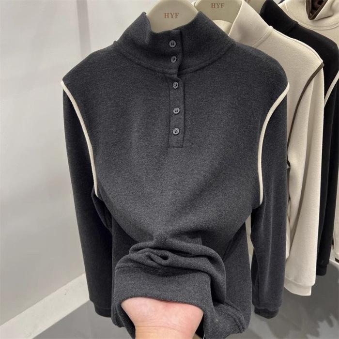 

[German velvet 280g] Button semi-turtleneck polished German velvet T-shirt women s autumn and winter cardigan design sense 2XL