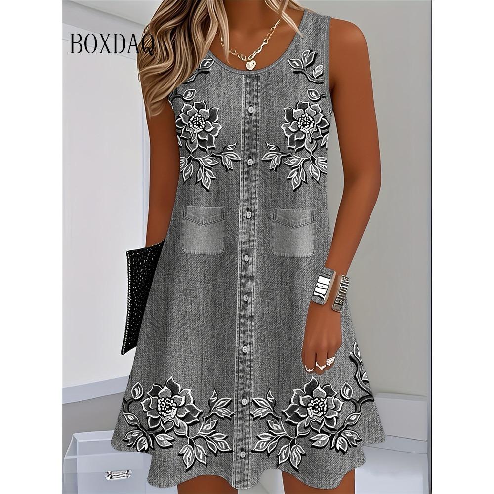 Women Summer Sleeveless Bohemian Dress Fashion Imitate Cowboy Vest Flowers Print Dress Casual Tank Beach Dresses For Women