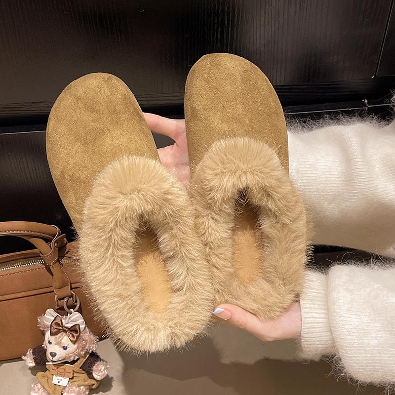 

2026 New Faux Suede Faux Fur Slippers Women Home Warm Non Slip Slides Woman Causal Flat Heels Plush Slippers Female Cotton Shoes 35 темные хаки