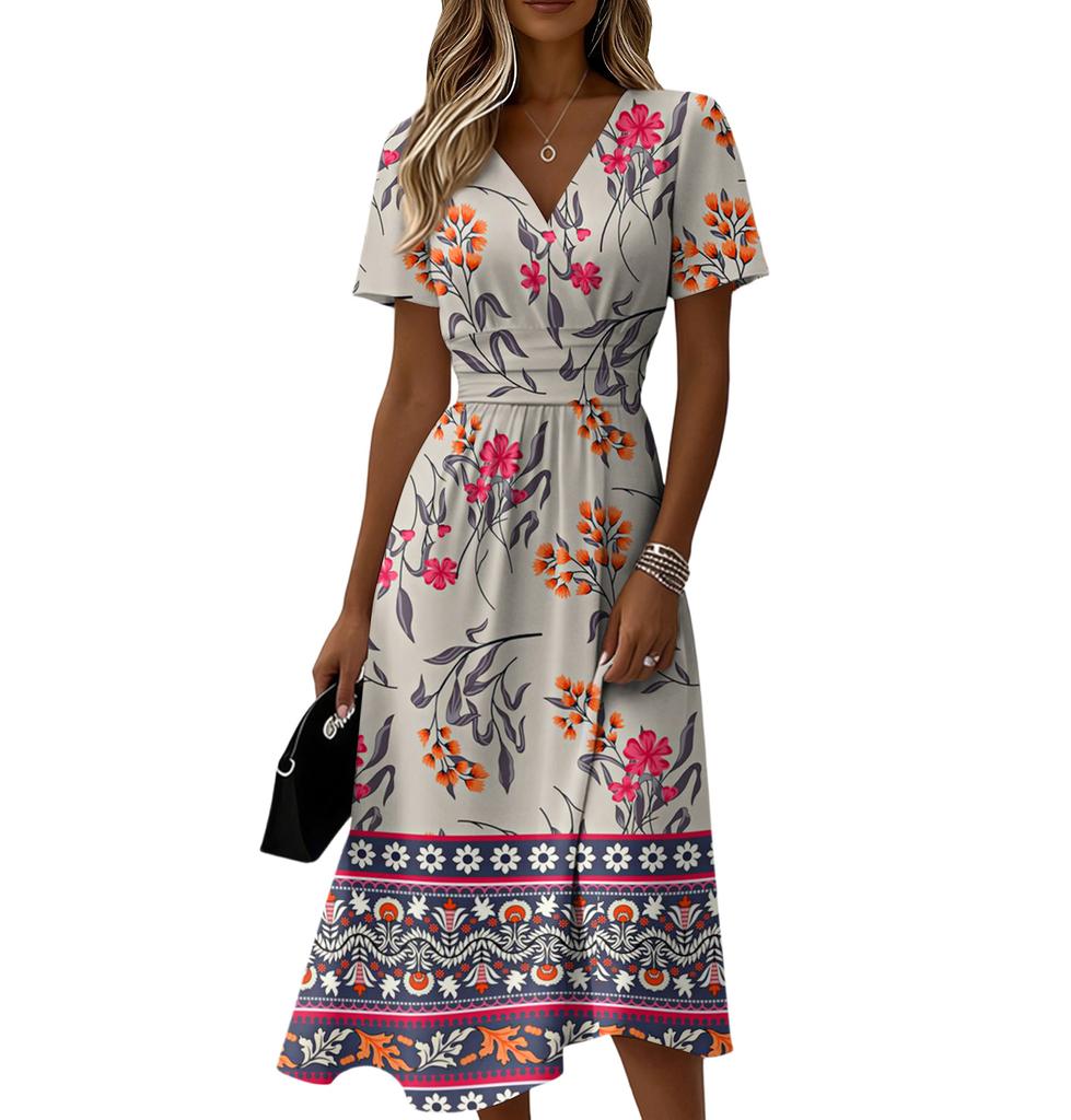 Damen-Kleid mit Blumenmuster, lässig und modisch, kurzärmelig, V-Ausschnitt