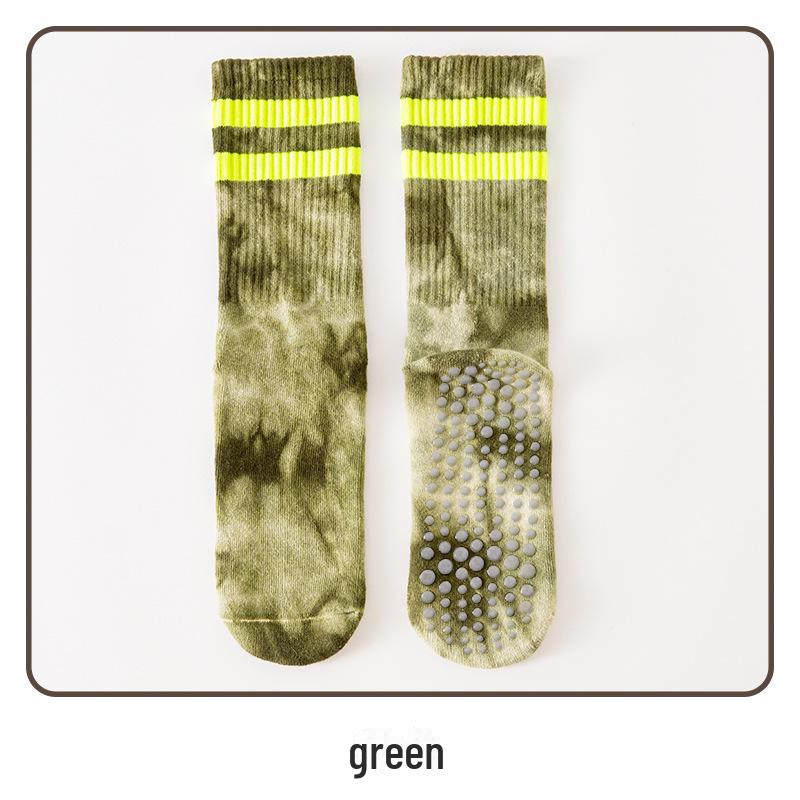 Damfärgglada batikmönstrade halkfria frottésockor i mellanhöjd av bomull för yoga och pilates