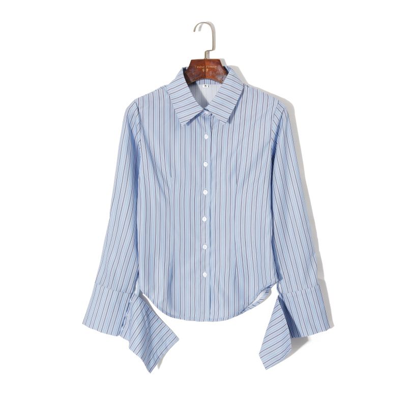 

2025 Женская весенняя одежда K-стиль Полоска смешанного цвета Элегантный лацкан Однобортная Свободная С длинными рукавами Универсальная Рубашка, придающая молодой вид Blue Bar S