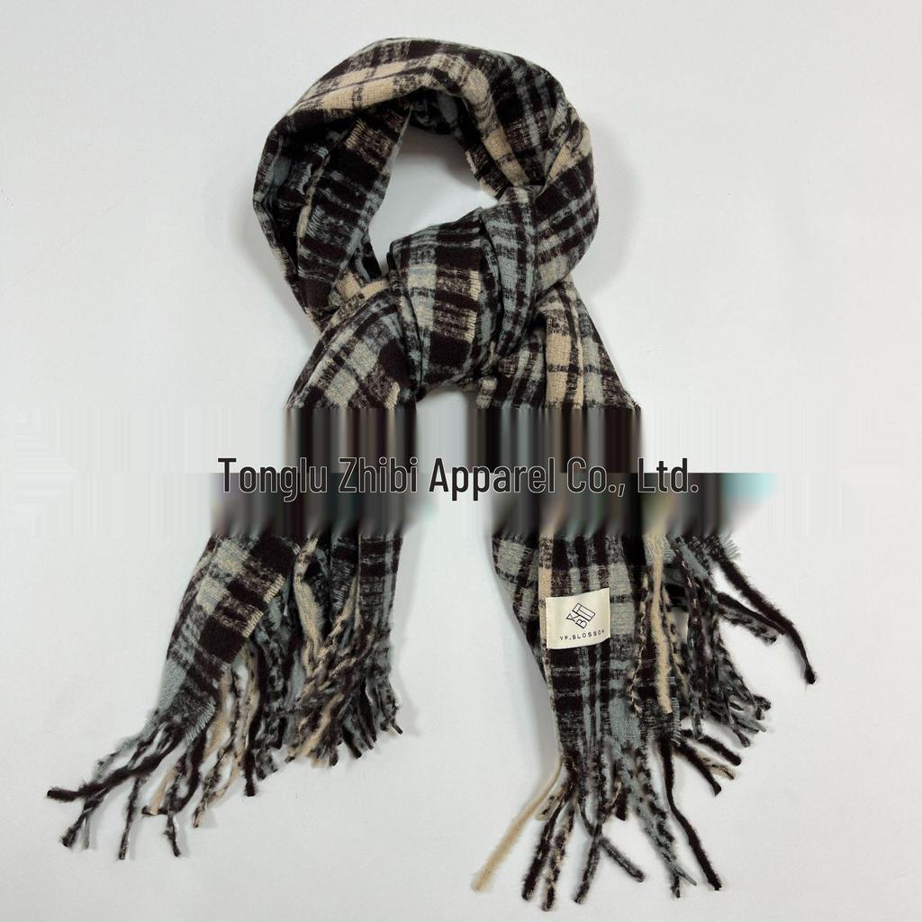 Korean Style Plaid Tassel Scarf – Winter Student Shawl & Warm Bib