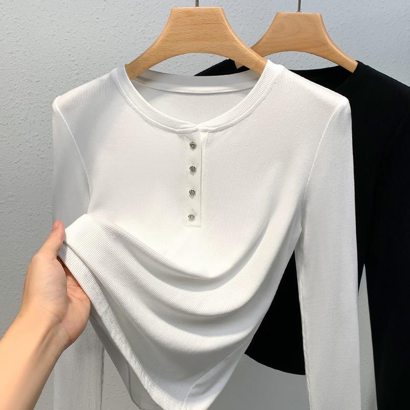 Thin bottoming shirt women's new women's clothing solid color round neck threaded long-sleeved t-shirt fashionable inner button top